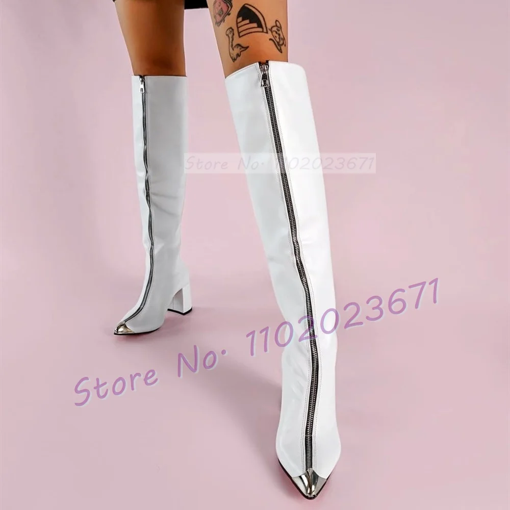 Pink Leather Front-zip Boots Women Silver Metal Pointy Toe Block High Heels Shoes Ladies Elegant Trendy Knee High White Boots