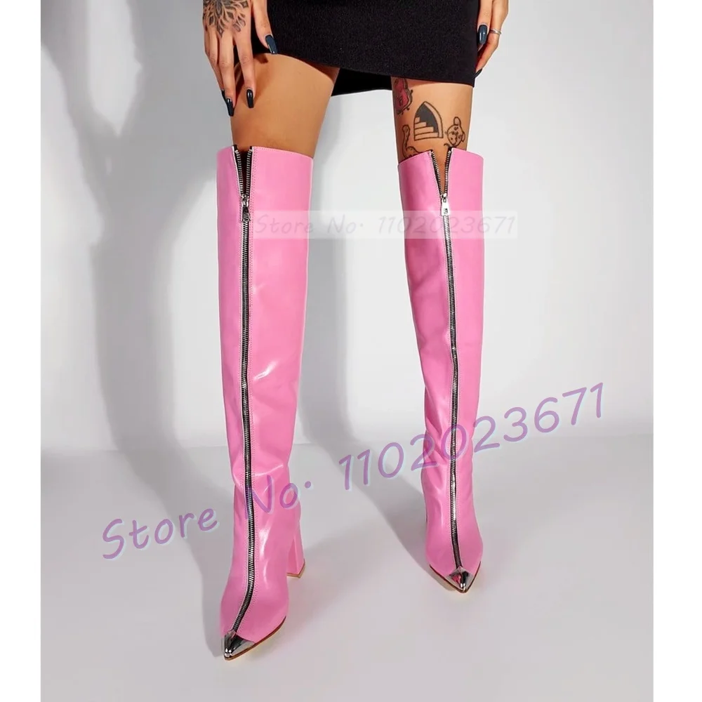 Pink Leather Front-zip Boots Women Silver Metal Pointy Toe Block High Heels Shoes Ladies Elegant Trendy Knee High White Boots