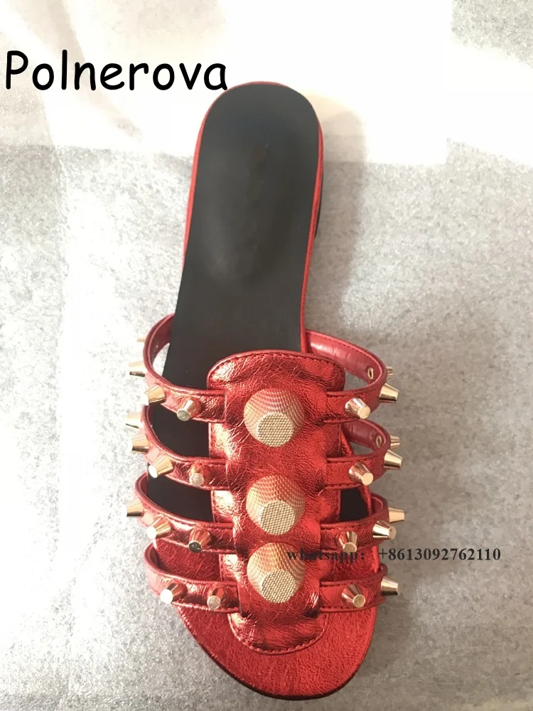 Solid Round Toe Slippers Metal Rivet Flat With Women's Shoes Summer Casual Beach Occidental Style Ladies Large Size Slippers