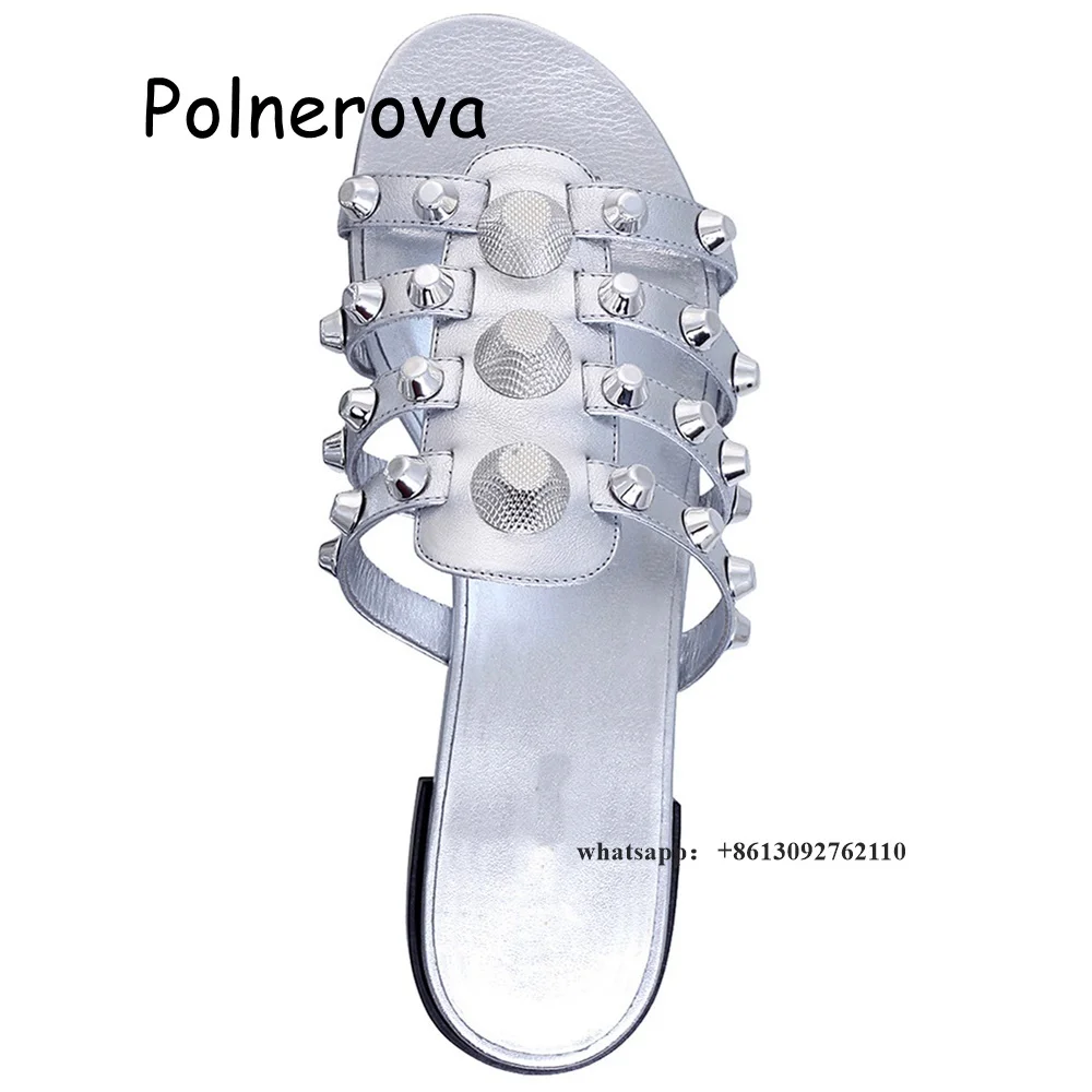 Solid Round Toe Slippers Metal Rivet Flat With Women's Shoes Summer Casual Beach Occidental Style Ladies Large Size Slippers