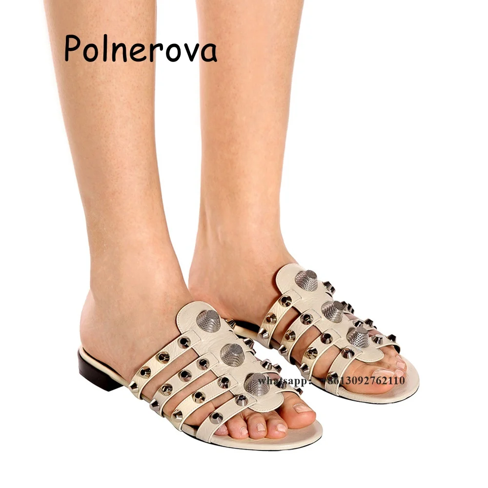 Solid Round Toe Slippers Metal Rivet Flat With Women's Shoes Summer Casual Beach Occidental Style Ladies Large Size Slippers