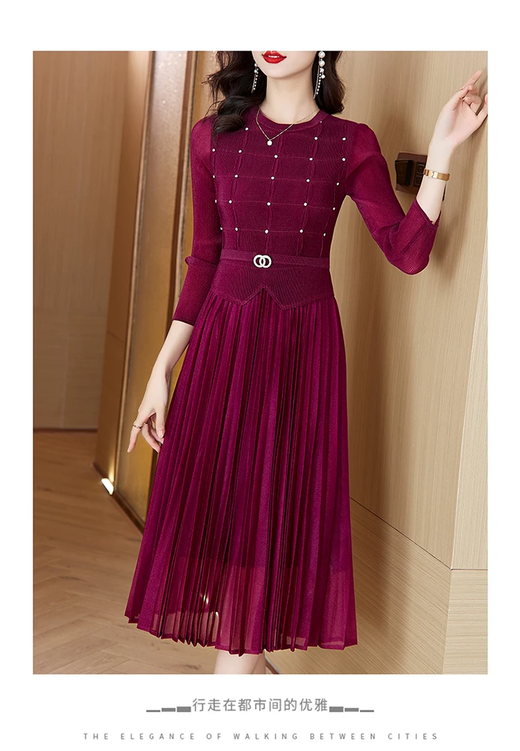 Sanzhai Pleated Dress 2024 Spring New O-Neck Heavy Industry Nail Diamonds Elegance Slimming Waist Length Knee Length Dress