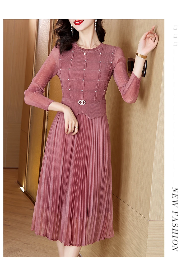 Sanzhai Pleated Dress 2024 Spring New O-Neck Heavy Industry Nail Diamonds Elegance Slimming Waist Length Knee Length Dress