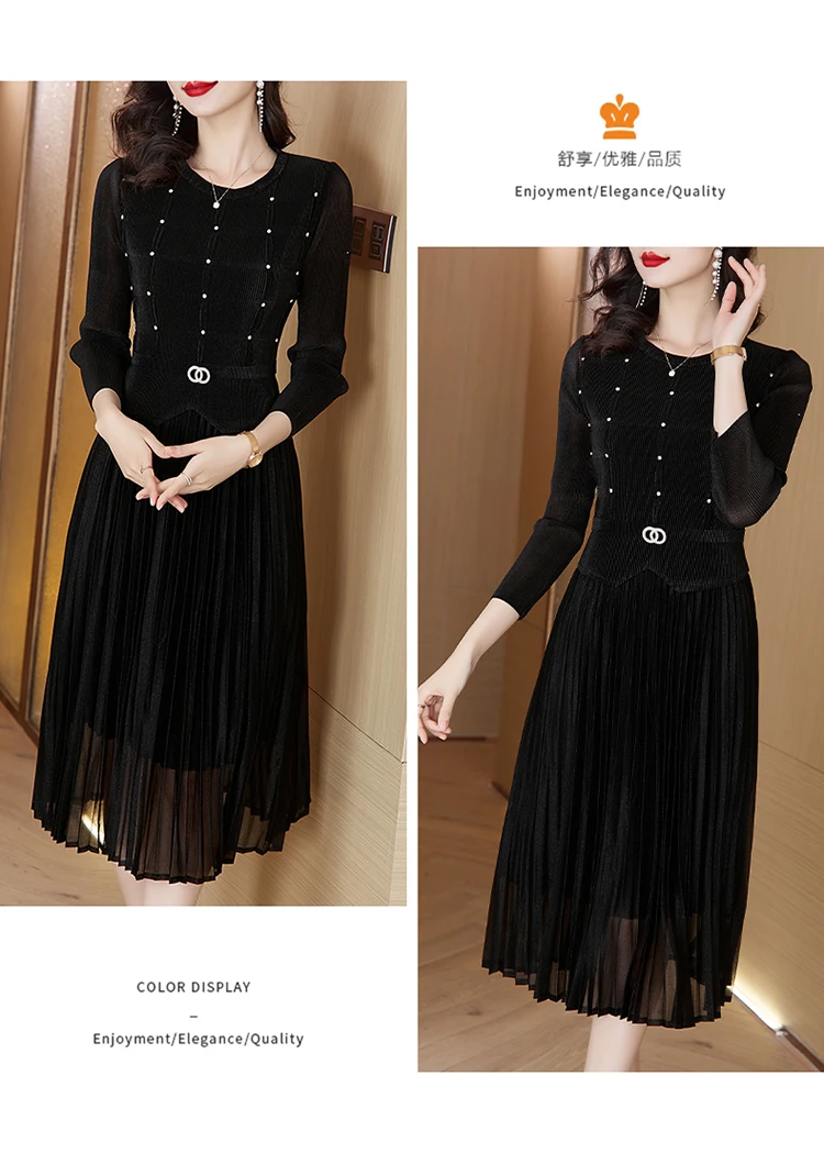 Sanzhai Pleated Dress 2024 Spring New O-Neck Heavy Industry Nail Diamonds Elegance Slimming Waist Length Knee Length Dress