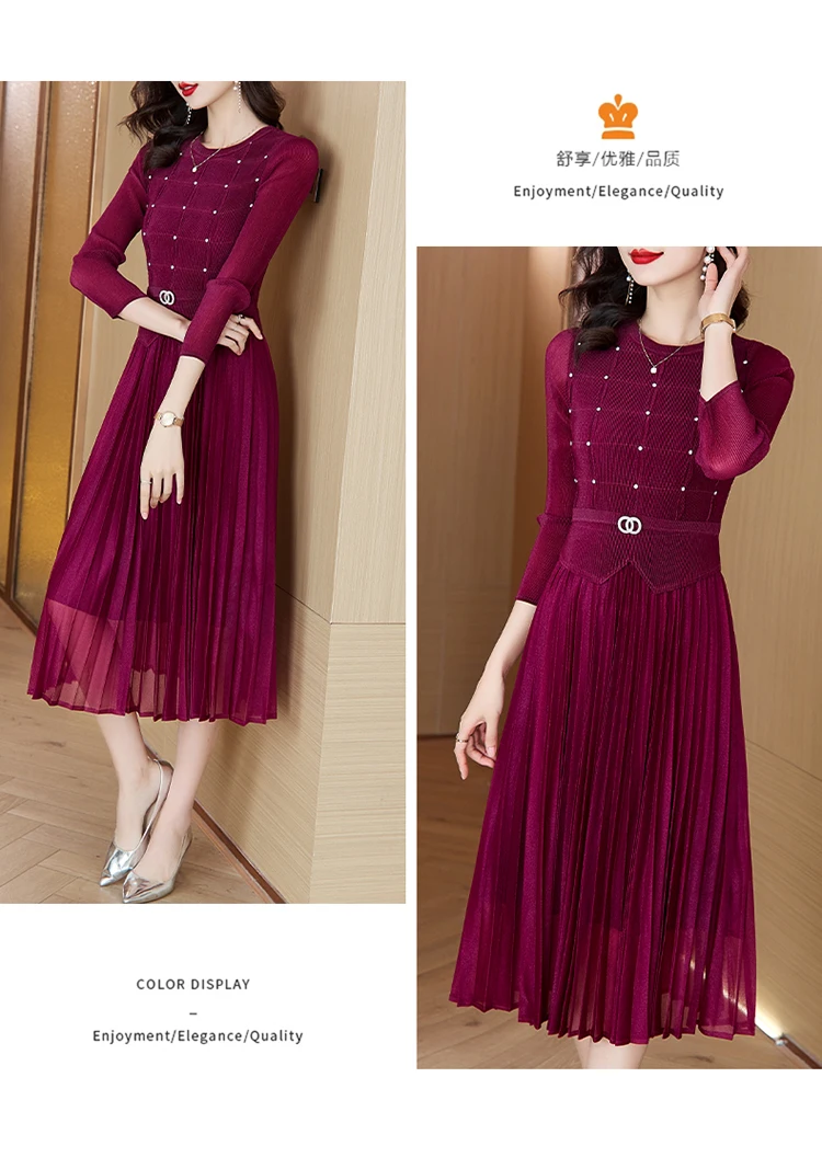 Sanzhai Pleated Dress 2024 Spring New O-Neck Heavy Industry Nail Diamonds Elegance Slimming Waist Length Knee Length Dress