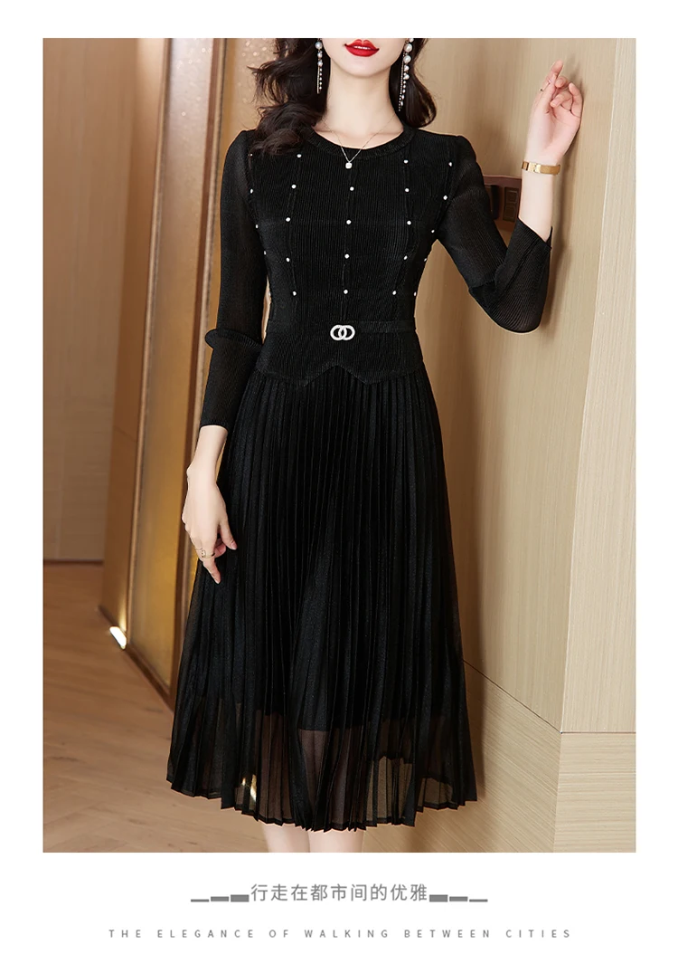 Sanzhai Pleated Dress 2024 Spring New O-Neck Heavy Industry Nail Diamonds Elegance Slimming Waist Length Knee Length Dress