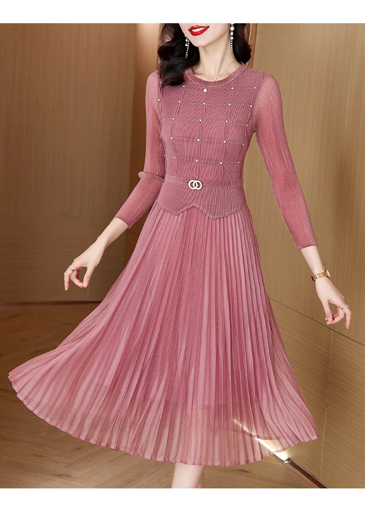 Sanzhai Pleated Dress 2024 Spring New O-Neck Heavy Industry Nail Diamonds Elegance Slimming Waist Length Knee Length Dress