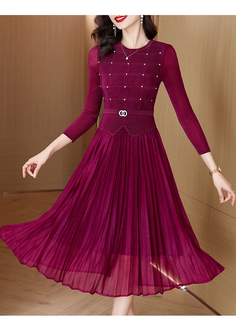 Sanzhai Pleated Dress 2024 Spring New O-Neck Heavy Industry Nail Diamonds Elegance Slimming Waist Length Knee Length Dress