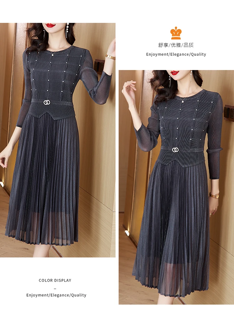 Sanzhai Pleated Dress 2024 Spring New O-Neck Heavy Industry Nail Diamonds Elegance Slimming Waist Length Knee Length Dress