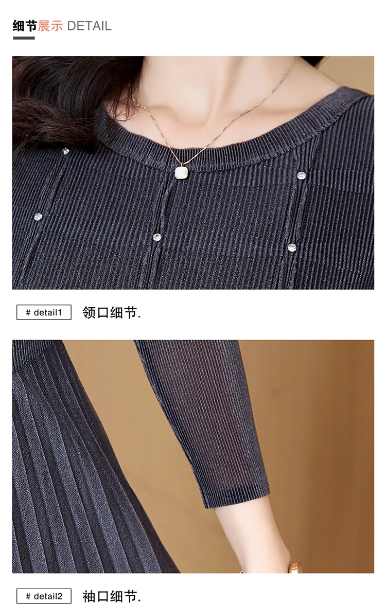 Sanzhai Pleated Dress 2024 Spring New O-Neck Heavy Industry Nail Diamonds Elegance Slimming Waist Length Knee Length Dress