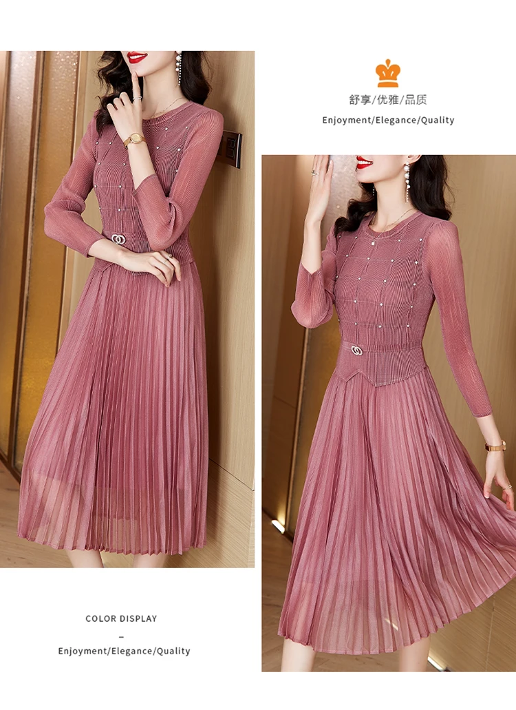 Sanzhai Pleated Dress 2024 Spring New O-Neck Heavy Industry Nail Diamonds Elegance Slimming Waist Length Knee Length Dress