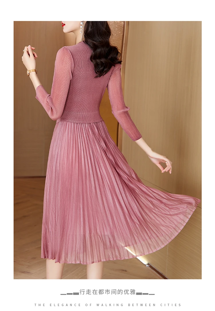 Sanzhai Pleated Dress 2024 Spring New O-Neck Heavy Industry Nail Diamonds Elegance Slimming Waist Length Knee Length Dress