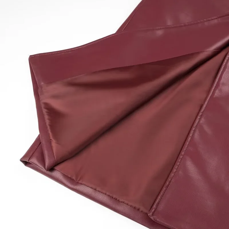 KEYANKETIAN 2024 New Launch Women's Burgundy Faux Leather Coat Retro Fashion With Belt Pockets Loose Extended Overcoat Outerwear