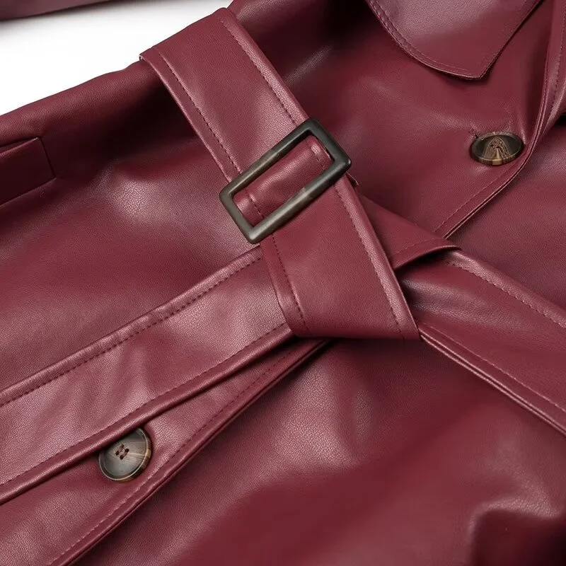 KEYANKETIAN 2024 New Launch Women's Burgundy Faux Leather Coat Retro Fashion With Belt Pockets Loose Extended Overcoat Outerwear