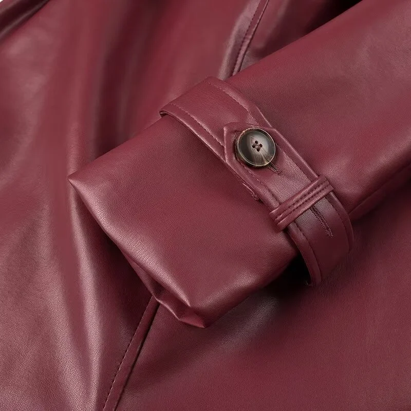 KEYANKETIAN 2024 New Launch Women's Burgundy Faux Leather Coat Retro Fashion With Belt Pockets Loose Extended Overcoat Outerwear