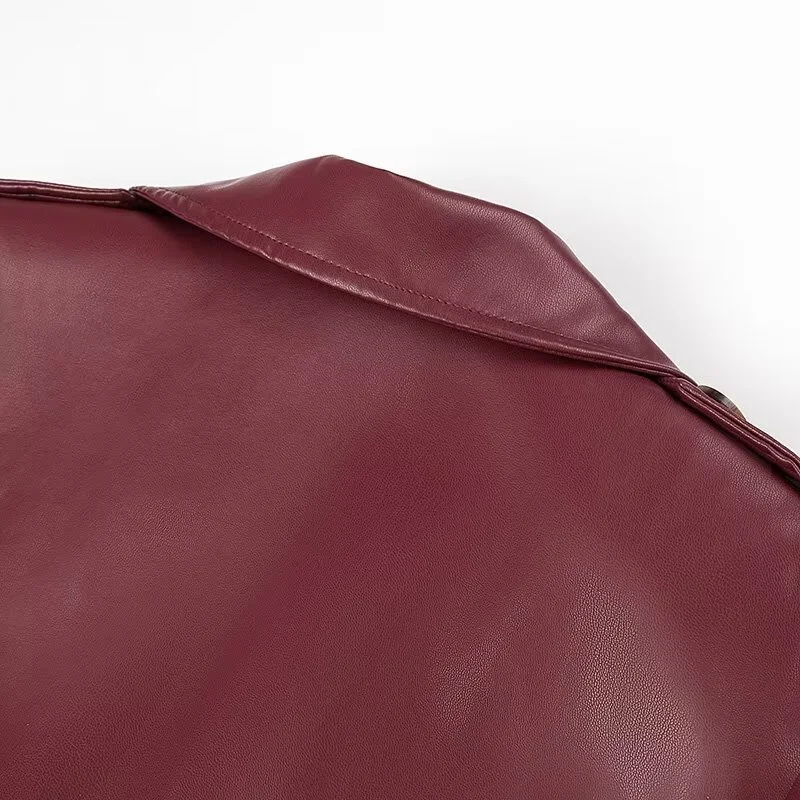 KEYANKETIAN 2024 New Launch Women's Burgundy Faux Leather Coat Retro Fashion With Belt Pockets Loose Extended Overcoat Outerwear