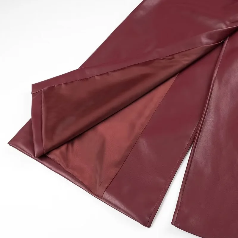 KEYANKETIAN 2024 New Launch Women's Burgundy Faux Leather Coat Retro Fashion With Belt Pockets Loose Extended Overcoat Outerwear
