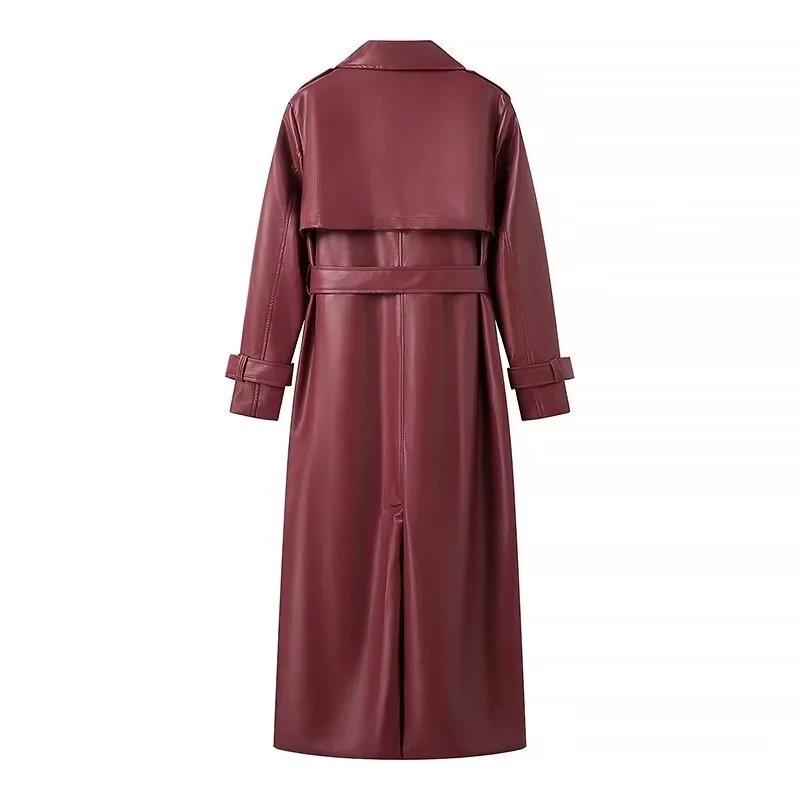 KEYANKETIAN 2024 New Launch Women's Burgundy Faux Leather Coat Retro Fashion With Belt Pockets Loose Extended Overcoat Outerwear