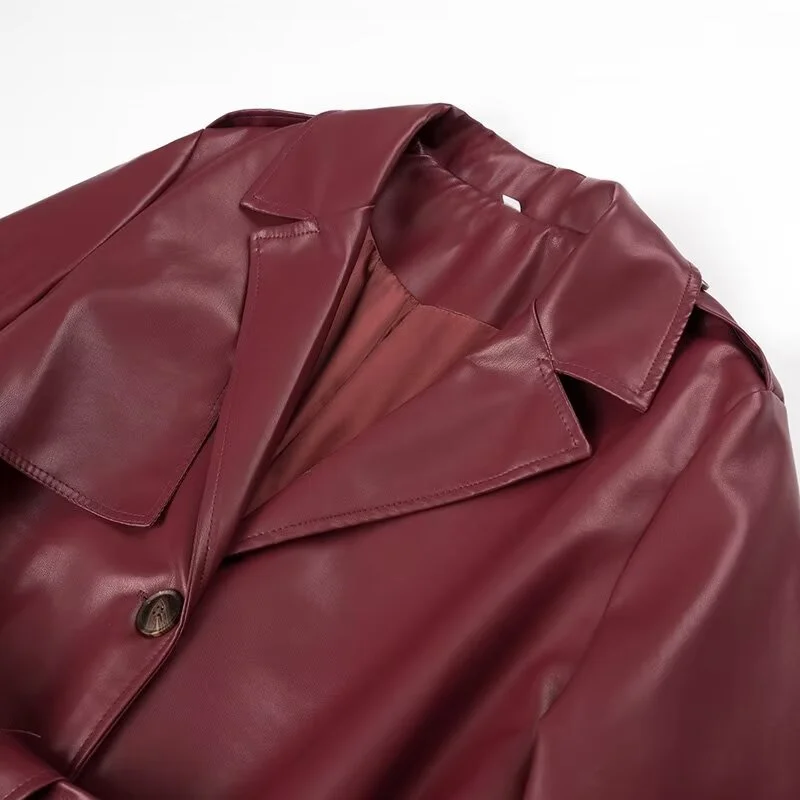 KEYANKETIAN 2024 New Launch Women's Burgundy Faux Leather Coat Retro Fashion With Belt Pockets Loose Extended Overcoat Outerwear