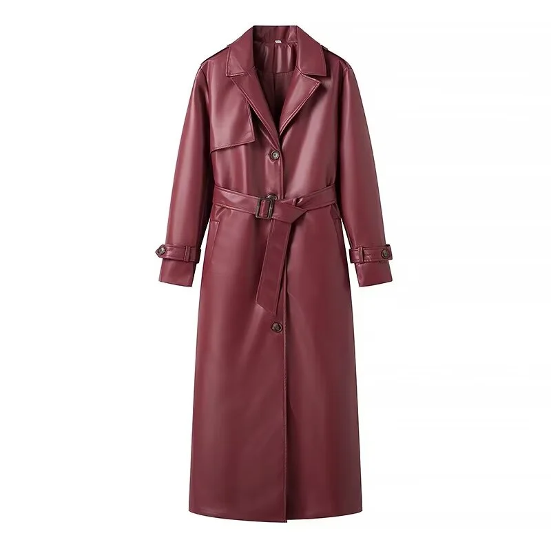 KEYANKETIAN 2024 New Launch Women's Burgundy Faux Leather Coat Retro Fashion With Belt Pockets Loose Extended Overcoat Outerwear