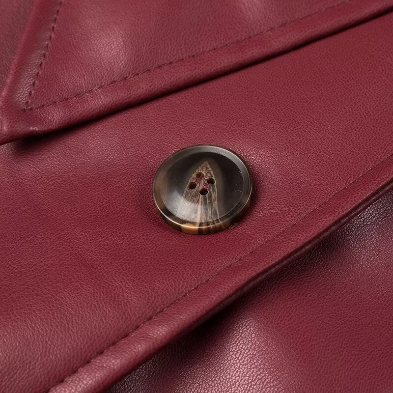 KEYANKETIAN 2024 New Launch Women's Burgundy Faux Leather Coat Retro Fashion With Belt Pockets Loose Extended Overcoat Outerwear
