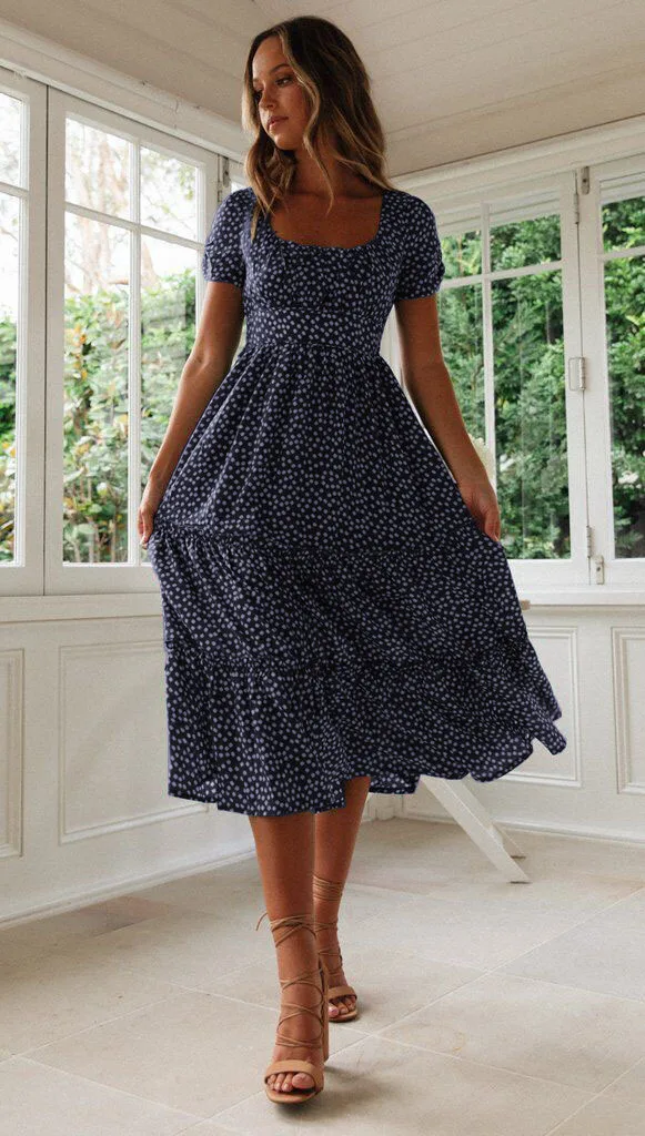 Sexy Square Collar Floral Print Midi Dress 2024 Women's Summer Puff Short Sleeve Ruffles Casual Party Dresses For Women Robe
