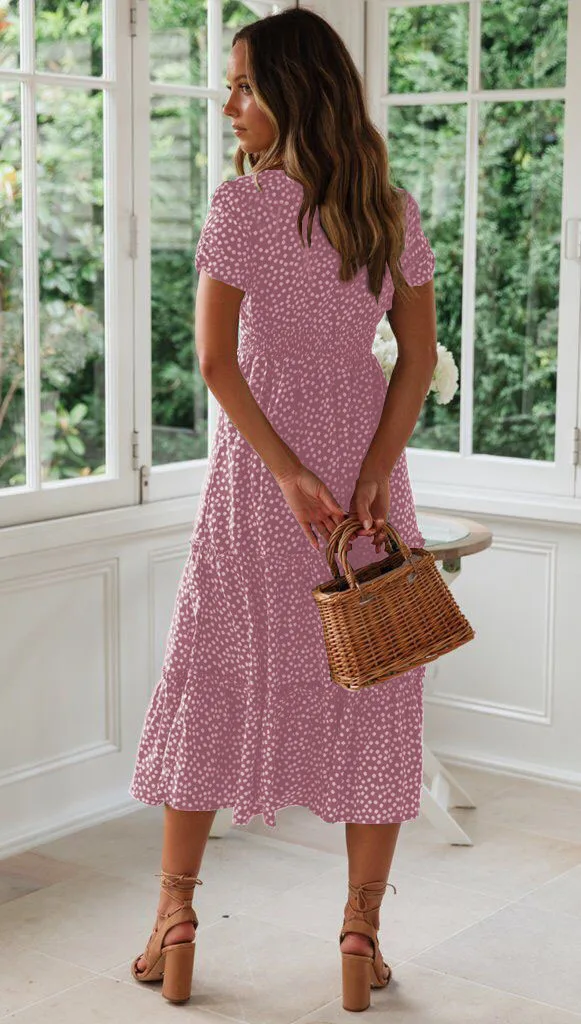 Sexy Square Collar Floral Print Midi Dress 2024 Women's Summer Puff Short Sleeve Ruffles Casual Party Dresses For Women Robe