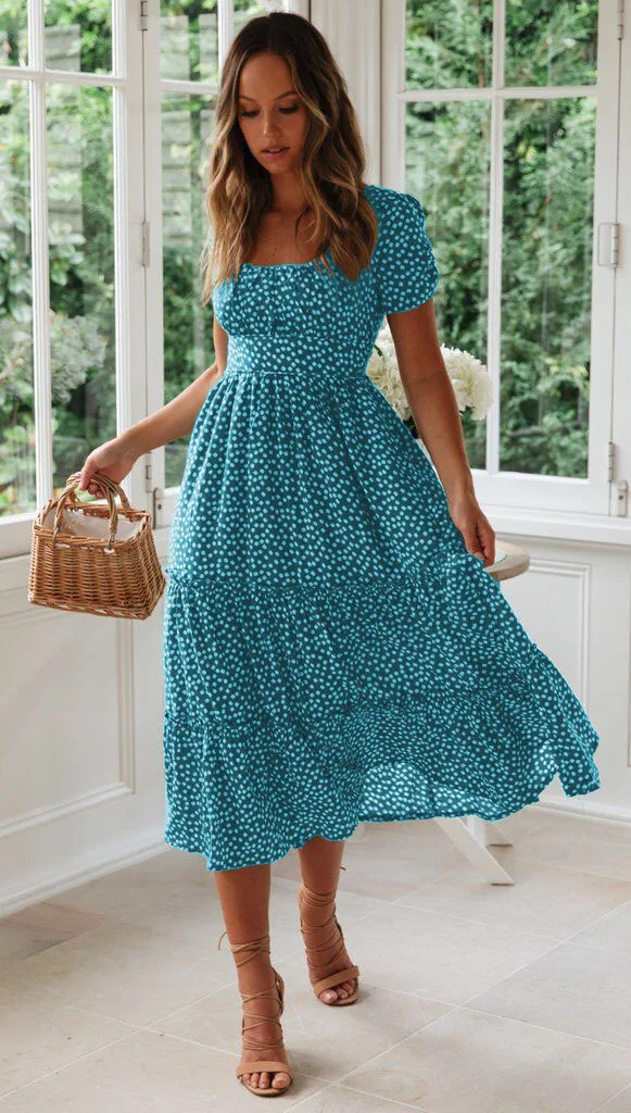 Sexy Square Collar Floral Print Midi Dress 2024 Women's Summer Puff Short Sleeve Ruffles Casual Party Dresses For Women Robe