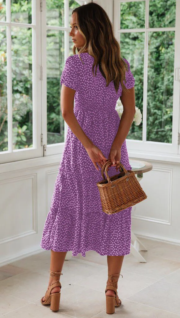 Sexy Square Collar Floral Print Midi Dress 2024 Women's Summer Puff Short Sleeve Ruffles Casual Party Dresses For Women Robe
