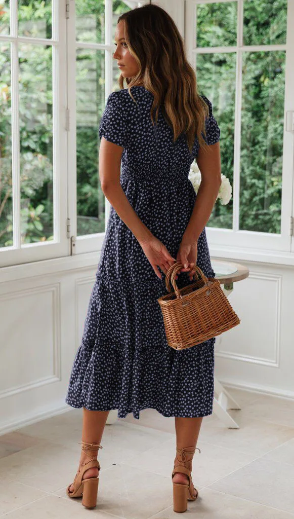 Sexy Square Collar Floral Print Midi Dress 2024 Women's Summer Puff Short Sleeve Ruffles Casual Party Dresses For Women Robe