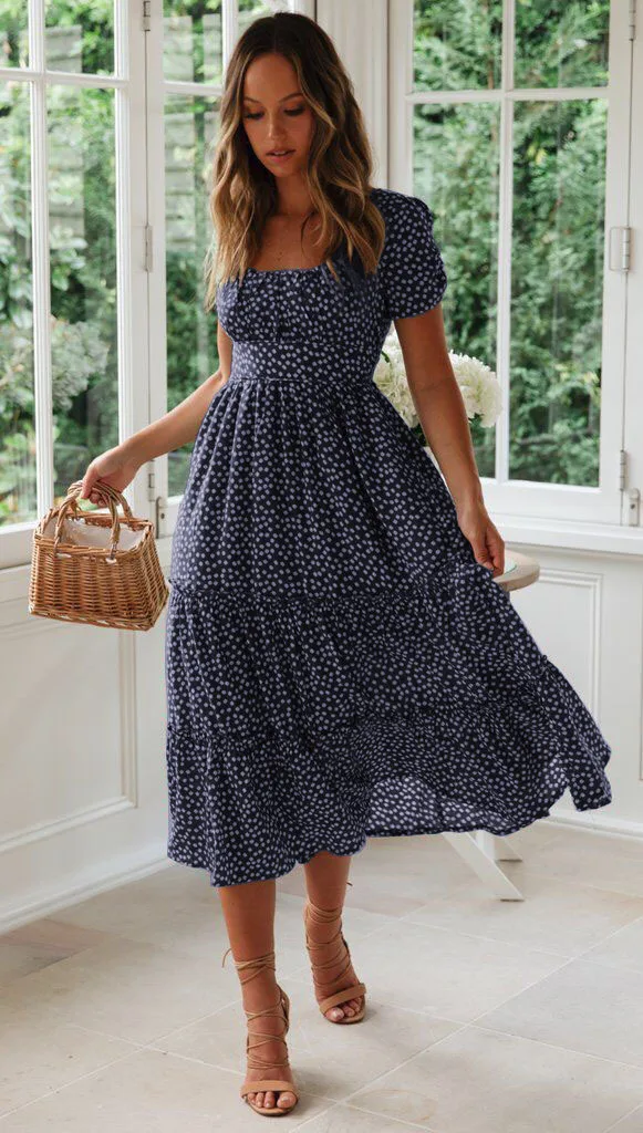 Sexy Square Collar Floral Print Midi Dress 2024 Women's Summer Puff Short Sleeve Ruffles Casual Party Dresses For Women Robe