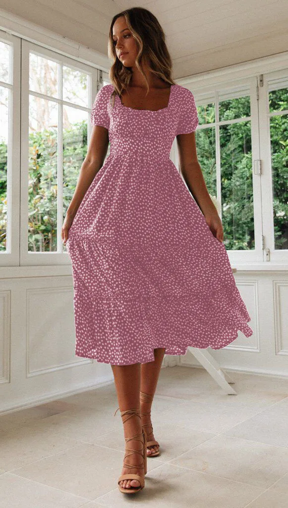 Sexy Square Collar Floral Print Midi Dress 2024 Women's Summer Puff Short Sleeve Ruffles Casual Party Dresses For Women Robe
