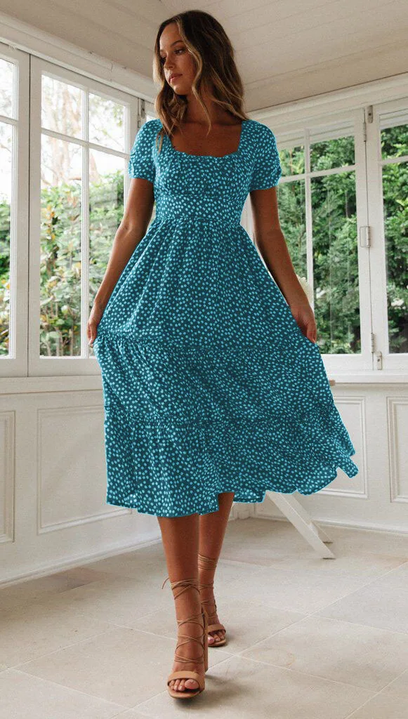 Sexy Square Collar Floral Print Midi Dress 2024 Women's Summer Puff Short Sleeve Ruffles Casual Party Dresses For Women Robe