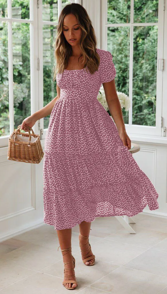 Sexy Square Collar Floral Print Midi Dress 2024 Women's Summer Puff Short Sleeve Ruffles Casual Party Dresses For Women Robe