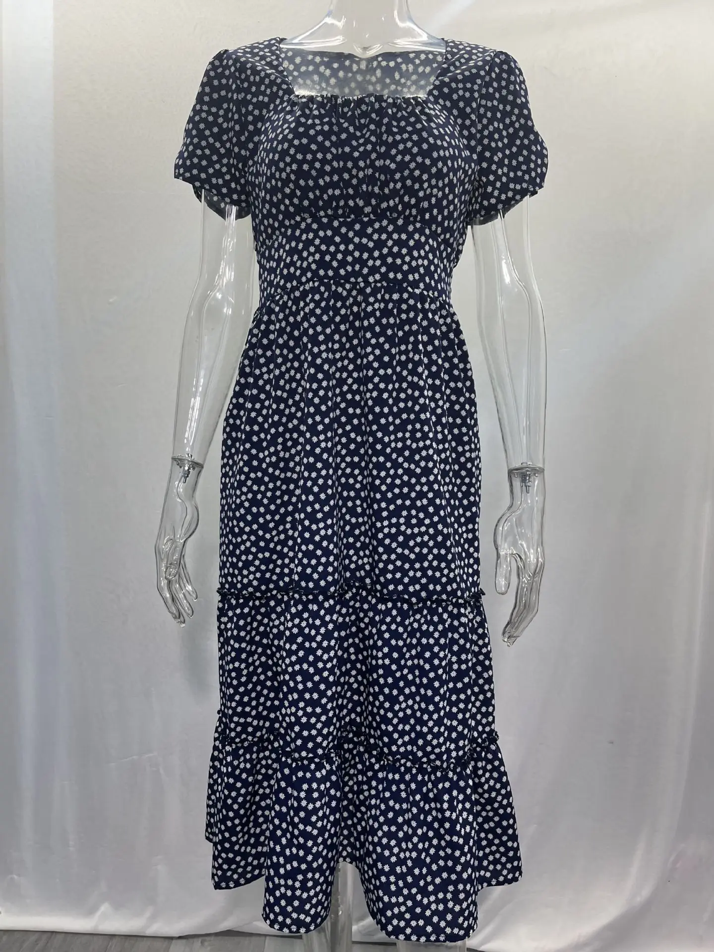 Sexy Square Collar Floral Print Midi Dress 2024 Women's Summer Puff Short Sleeve Ruffles Casual Party Dresses For Women Robe