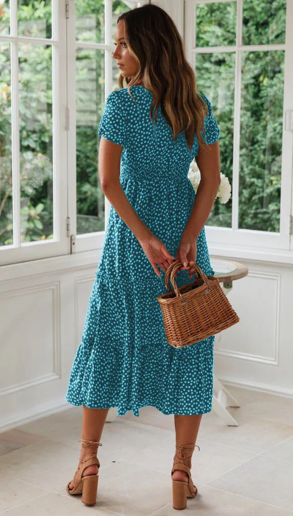 Sexy Square Collar Floral Print Midi Dress 2024 Women's Summer Puff Short Sleeve Ruffles Casual Party Dresses For Women Robe