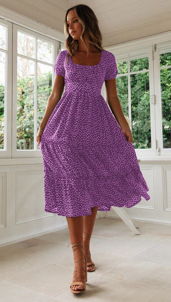 Sexy Square Collar Floral Print Midi Dress 2024 Women's Summer Puff Short Sleeve Ruffles Casual Party Dresses For Women Robe