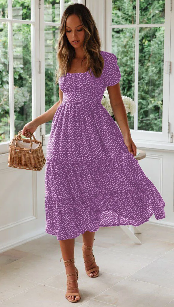 Sexy Square Collar Floral Print Midi Dress 2024 Women's Summer Puff Short Sleeve Ruffles Casual Party Dresses For Women Robe