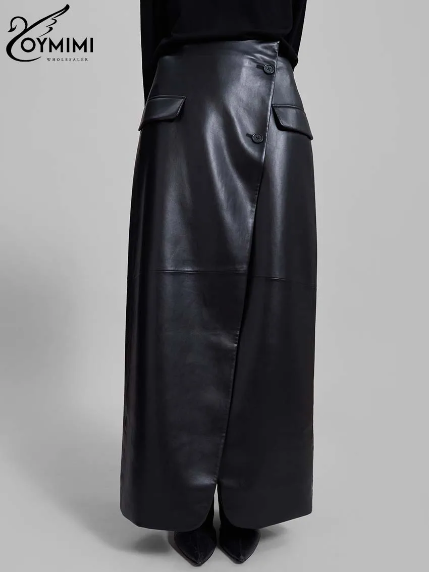 Oymimi Casual Black Pu Leather Skirts For Woman Elegant Button High Waisted Skirts Fashion Pockets Straight Skirt Streetwear
