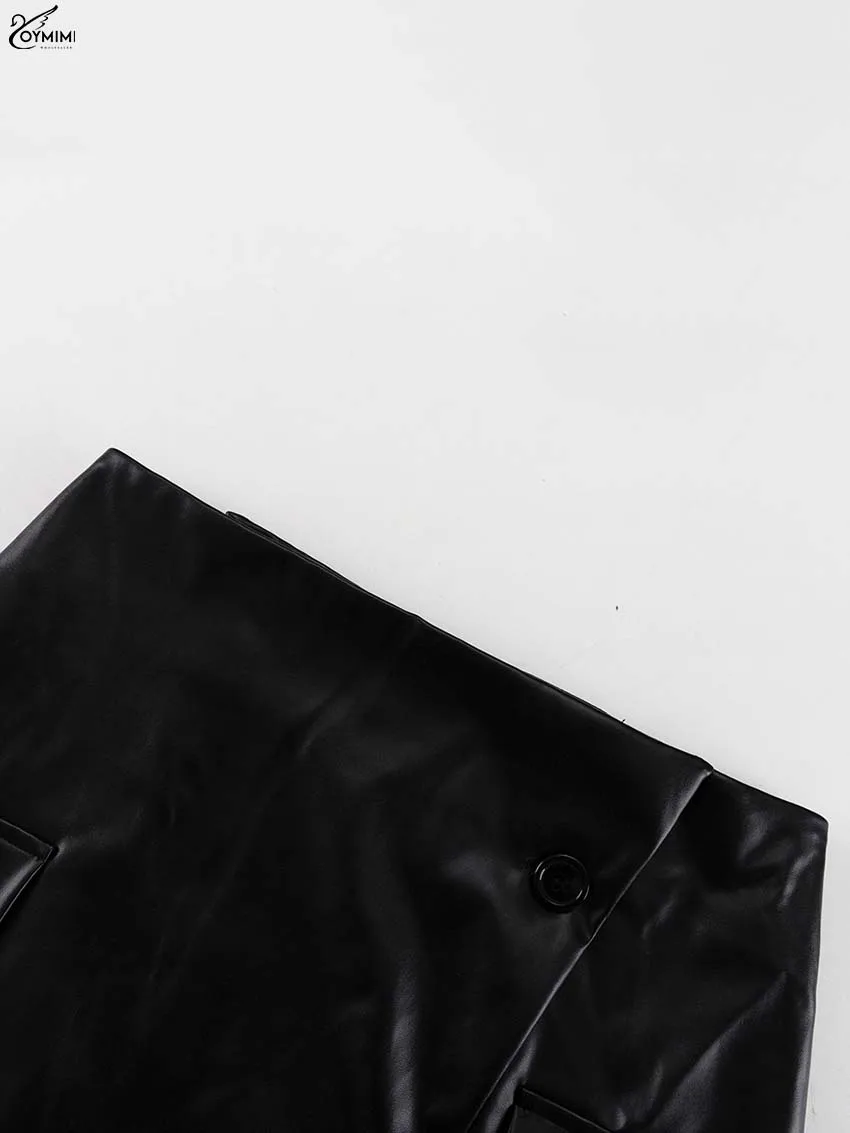 Oymimi Casual Black Pu Leather Skirts For Woman Elegant Button High Waisted Skirts Fashion Pockets Straight Skirt Streetwear