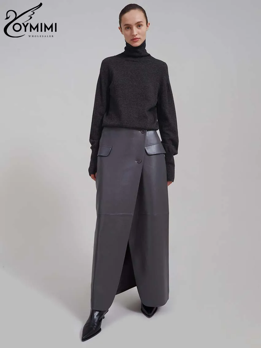 Oymimi Casual Black Pu Leather Skirts For Woman Elegant Button High Waisted Skirts Fashion Pockets Straight Skirt Streetwear
