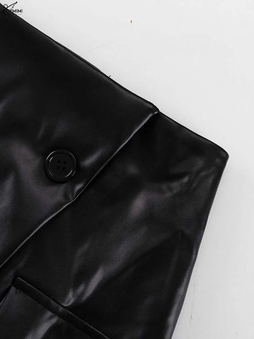 Oymimi Casual Black Pu Leather Skirts For Woman Elegant Button High Waisted Skirts Fashion Pockets Straight Skirt Streetwear