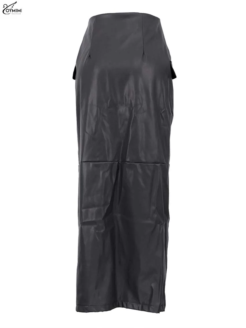 Oymimi Casual Black Pu Leather Skirts For Woman Elegant Button High Waisted Skirts Fashion Pockets Straight Skirt Streetwear