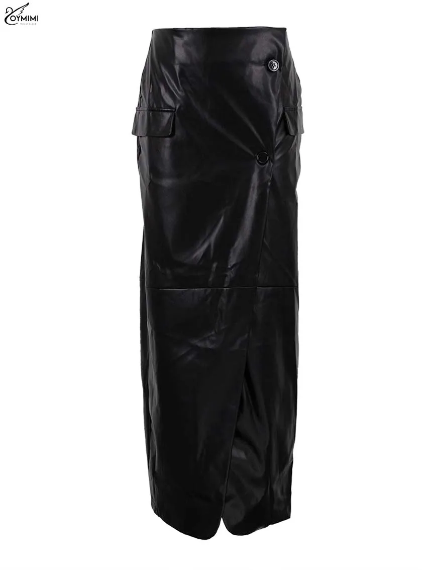 Oymimi Casual Black Pu Leather Skirts For Woman Elegant Button High Waisted Skirts Fashion Pockets Straight Skirt Streetwear