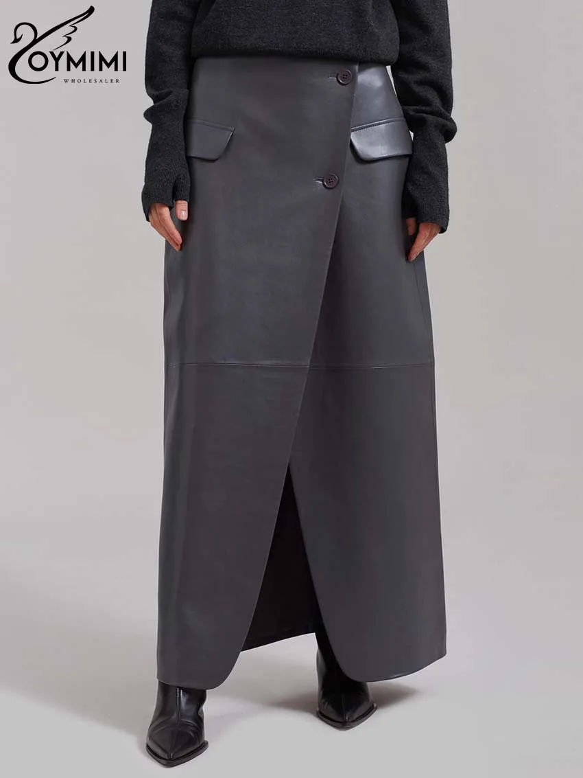 Oymimi Casual Black Pu Leather Skirts For Woman Elegant Button High Waisted Skirts Fashion Pockets Straight Skirt Streetwear