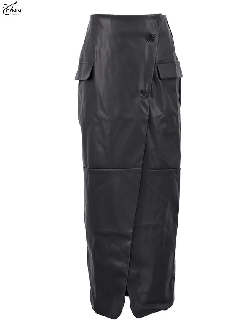 Oymimi Casual Black Pu Leather Skirts For Woman Elegant Button High Waisted Skirts Fashion Pockets Straight Skirt Streetwear