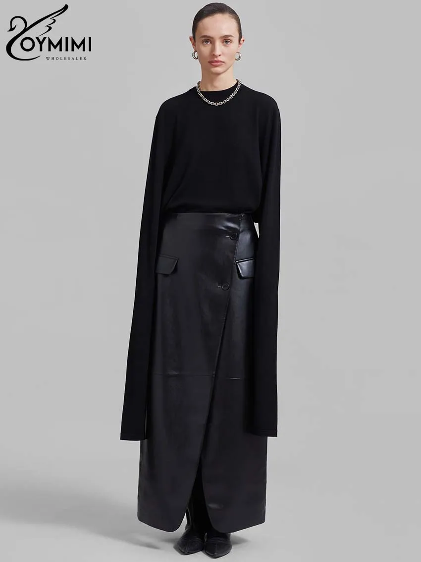 Oymimi Casual Black Pu Leather Skirts For Woman Elegant Button High Waisted Skirts Fashion Pockets Straight Skirt Streetwear