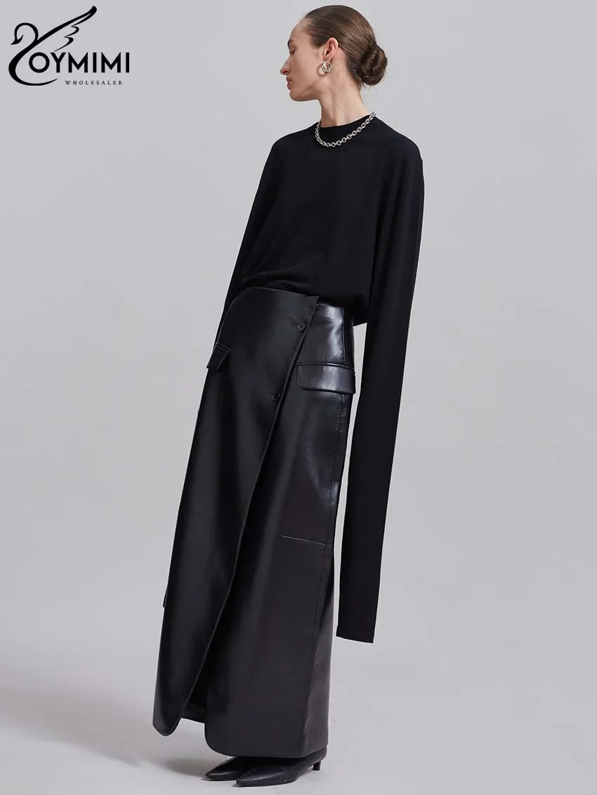 Oymimi Casual Black Pu Leather Skirts For Woman Elegant Button High Waisted Skirts Fashion Pockets Straight Skirt Streetwear