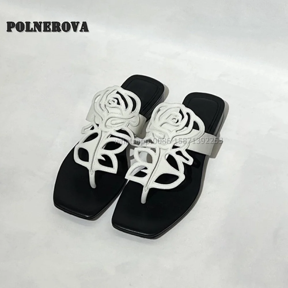 Rose Hollow Out Bicolor Slides Comfortable Vacation Shoes 2024 Summer Clip Toe Flat with Side Air Slip On Casual Women Slippers