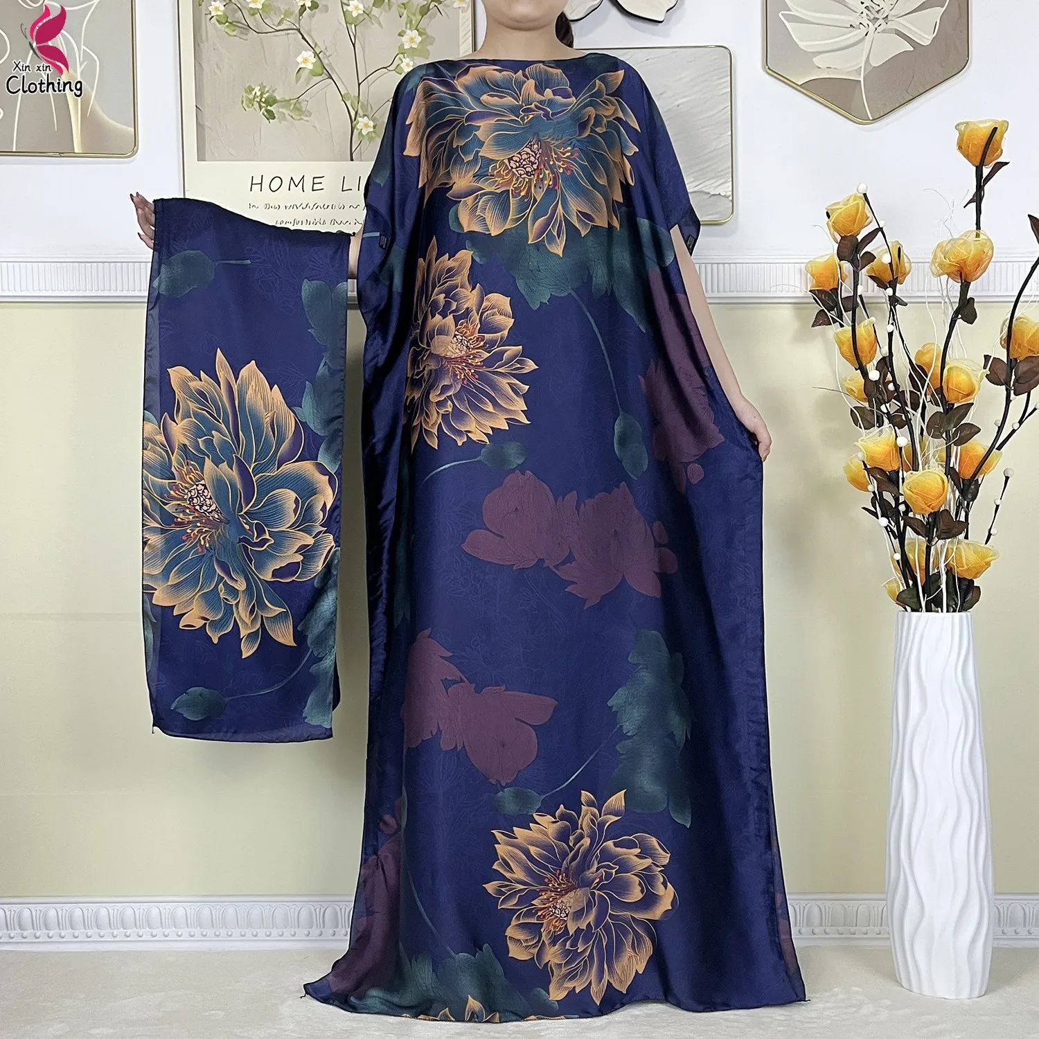 Summer African Women Short Sleeve Long Dress High-Quality Soft Silk Printed Muslim Lady Loose Robe Dubai Kaftan Dress With Scarf